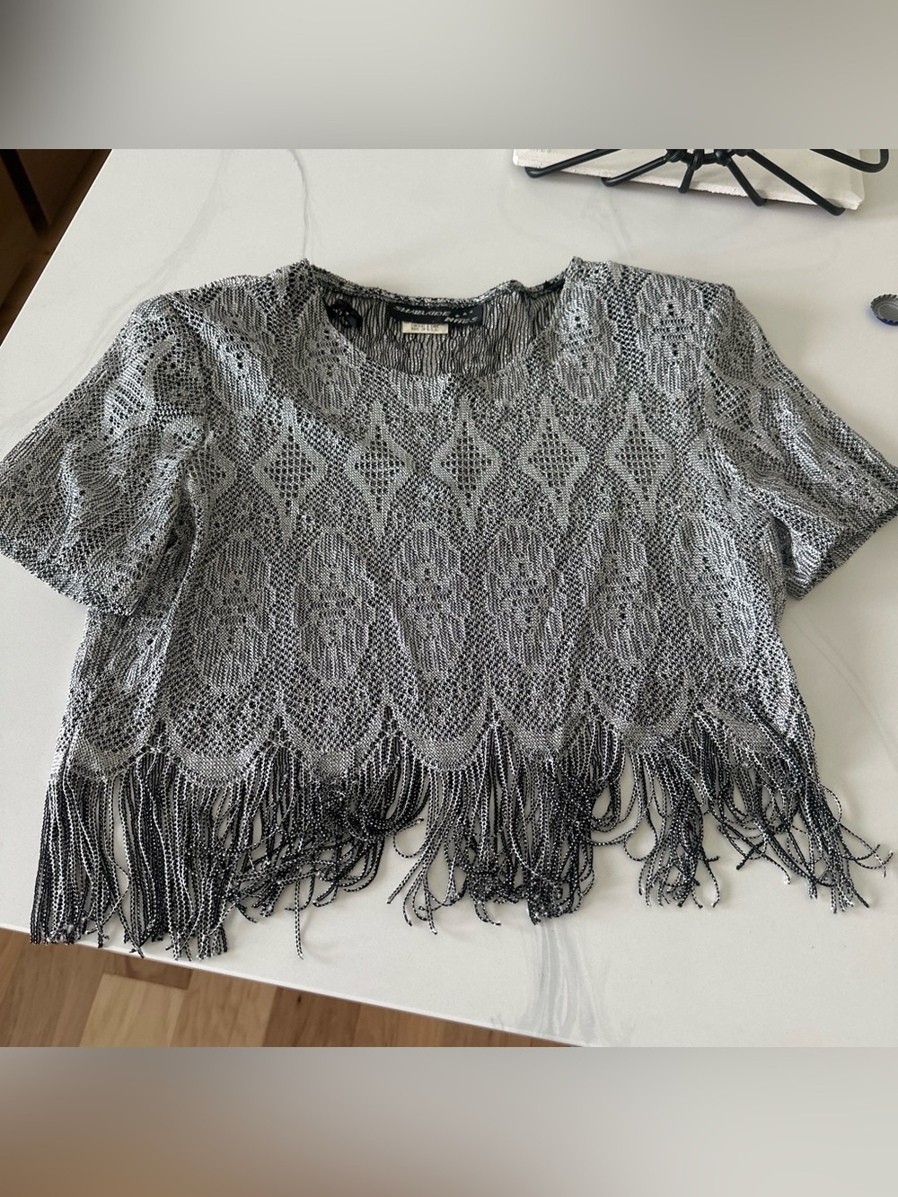 VINTAGE Metallic Gray Lace Fringe Knit Top/poncho - Women's